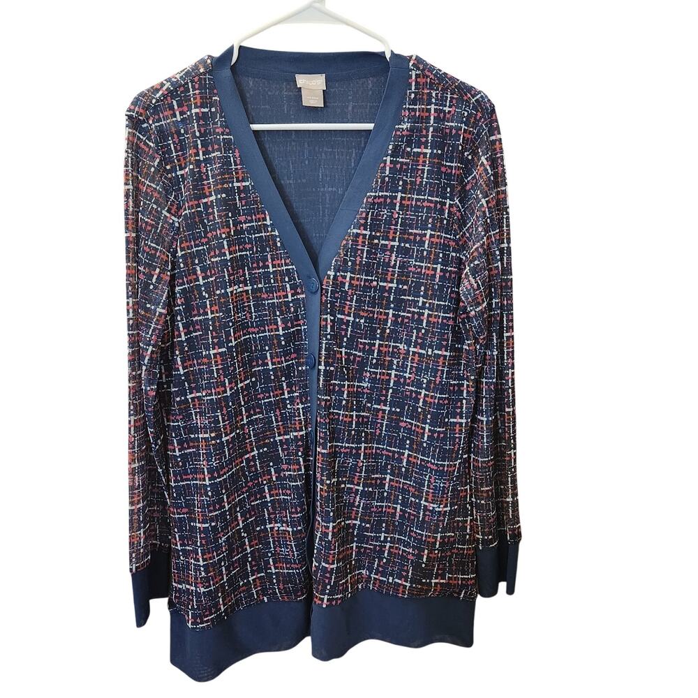 Chicos Blue Tweed Knit Sheer Mesh Cardigan Jacket Size 1 M